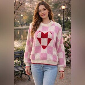 Luna Ivy Anthropologie Heart Sweater Sz XS Checkered Pink Cozy Crocheted Womens